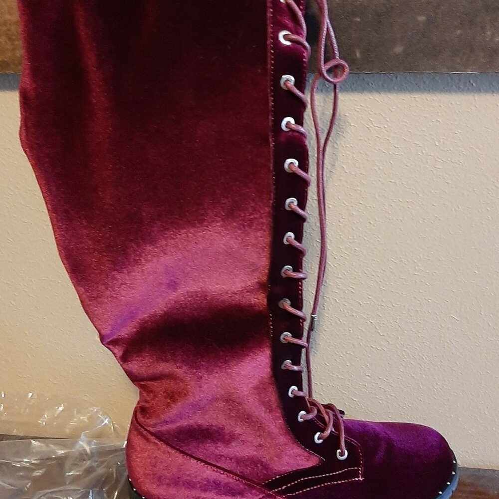 Dark red velvet lace up knee high boots NWOT never worn